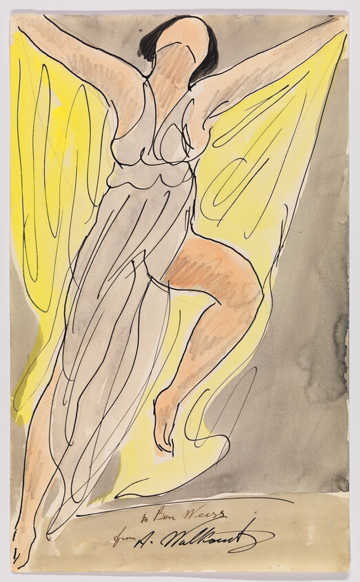A woman in a flowing dress leaps with yellow fabric spread like wings, head tilted back.