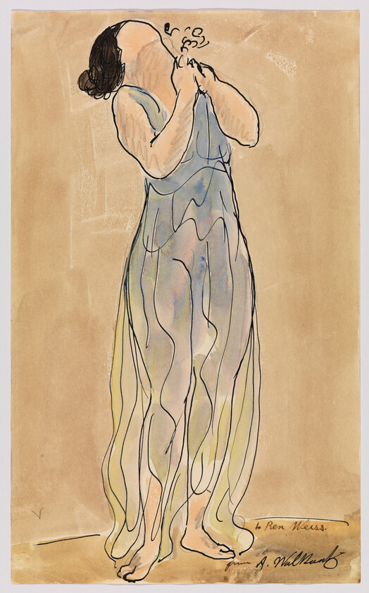 A standing woman in a flowing dress tilts her head back while holding her hands near her mouth.