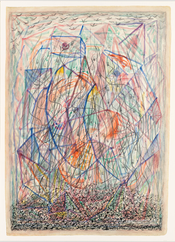 Chaotic colorful abstract composition with overlapping geometric shapes, scribbled lines, and small flying birds along the top.