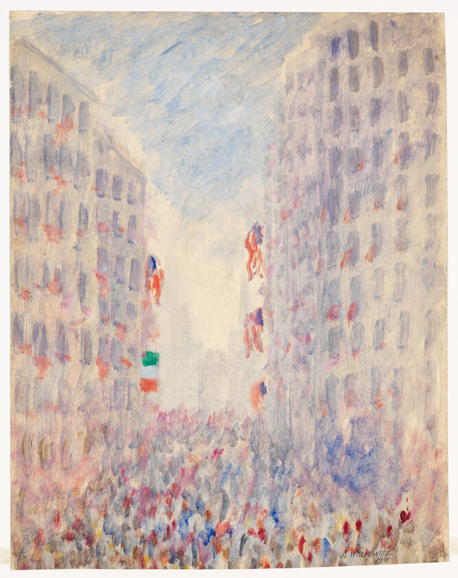 Crowd of people fills a sunlit city street lined with tall buildings and hanging flags.