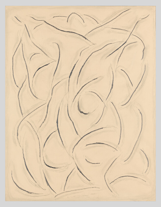 Curving charcoal lines form overlapping organic shapes across a pale beige paper surface.