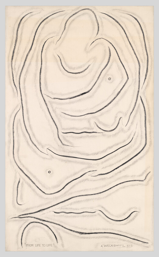 Abstract charcoal drawing of swirling concentric lines resembling layered contours and ripples.