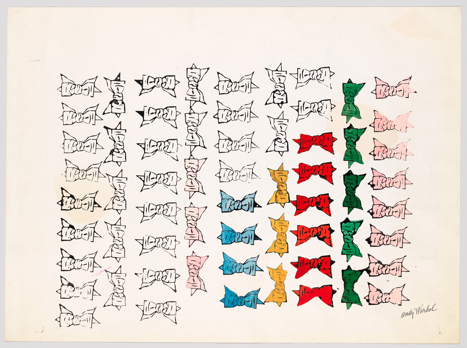 Repeated hand-drawn bow ties arranged in rows, several filled with red, green, blue, yellow, and pink.