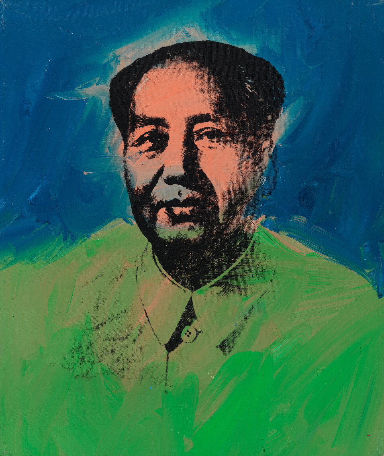 A vibrant painting featuring a stylized portrait of a man with Asian features against a background with bold strokes of blue and green paint. The man's face is depicted in a graphic manner with black outlines and areas of solid color, reminiscent of screen printing techniques.