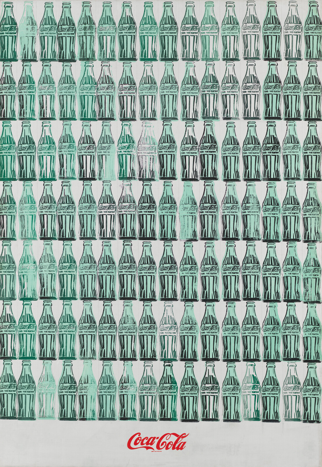 Grid of neatly packed seafoam colored Coca-Cola bottles. A bright red logo of the Coca-Cola brand is placed on the center plane, underneath the grid