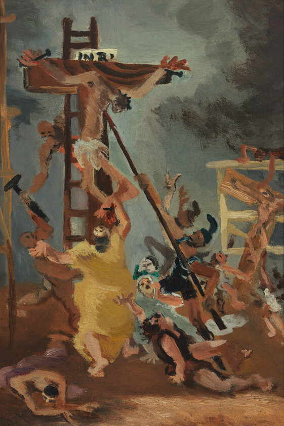 Jesus on the cross being nailed and removed by a chaotic crowd with ladders and tools.