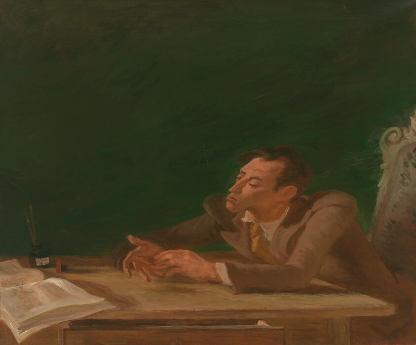 A man slumped over a desk reaching toward an open book and ink bottle.
