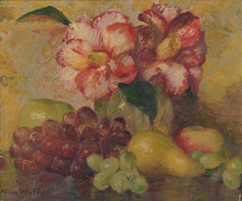 A vase of pink peonies alongside grapes, pears, and apples on a table.