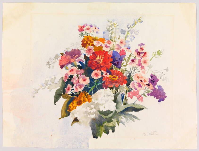 A watercolor bouquet of bright red, pink, purple, and white flowers on pale paper.