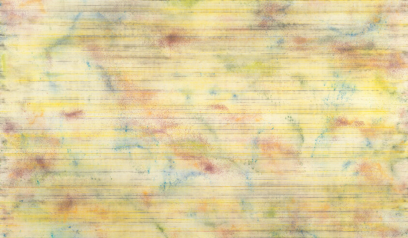 Faded yellow textured background with thin horizontal lines and soft pastel splotches across the surface.