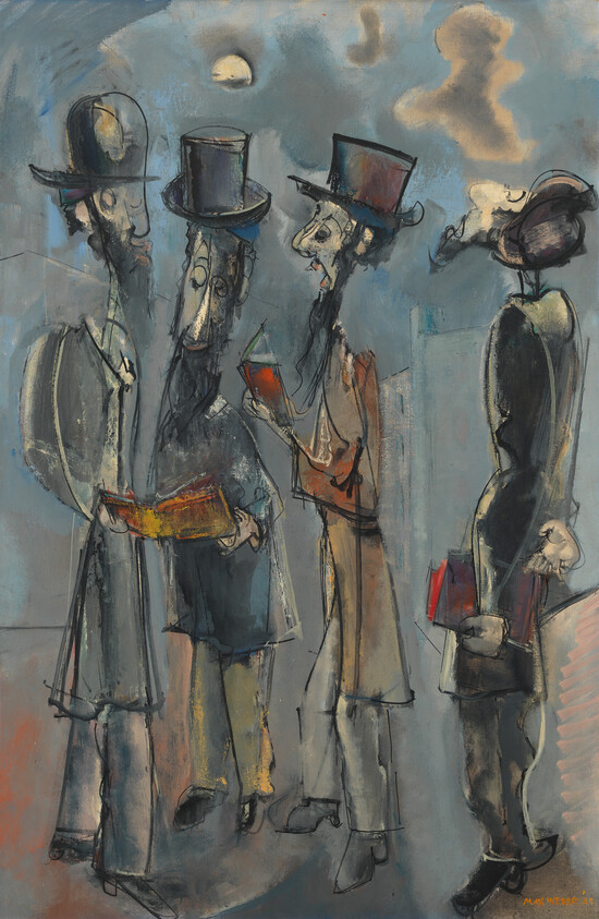 Stylized painting of elongated figures in top hats, some holding books, with a cloudy sky backdrop.
