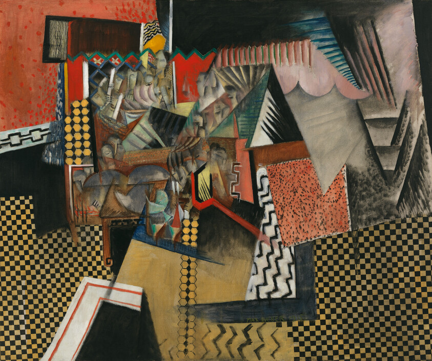 Abstract cubist composition of fragmented figures and geometric shapes over checkerboard patterns.