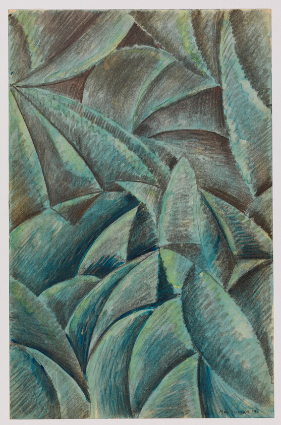 Overlapping teal and green curved leaf shapes arranged in a rhythmic, abstract pattern.