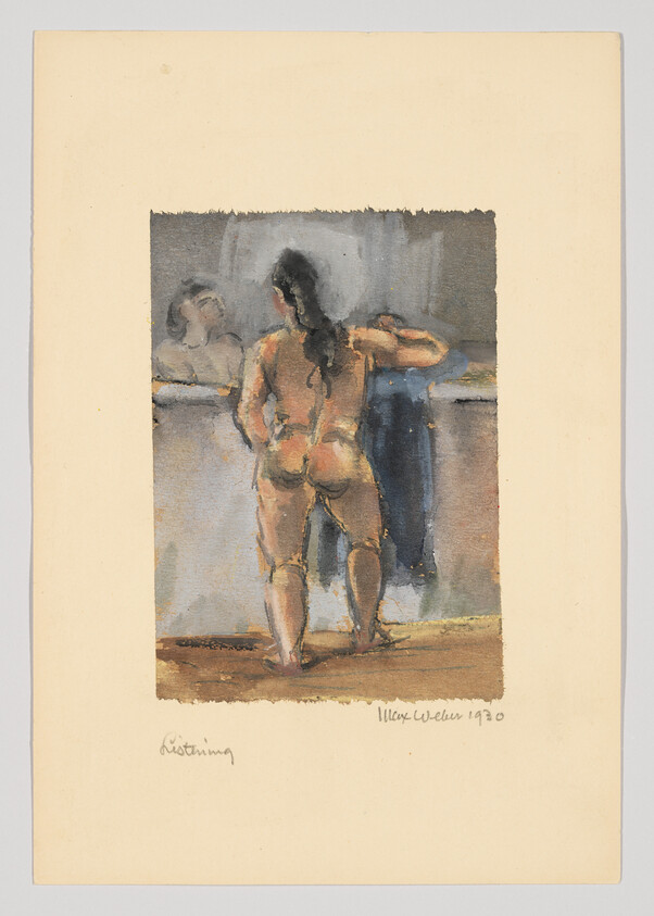 A nude woman with long dark hair stands leaning on a ledge, facing a mirror.