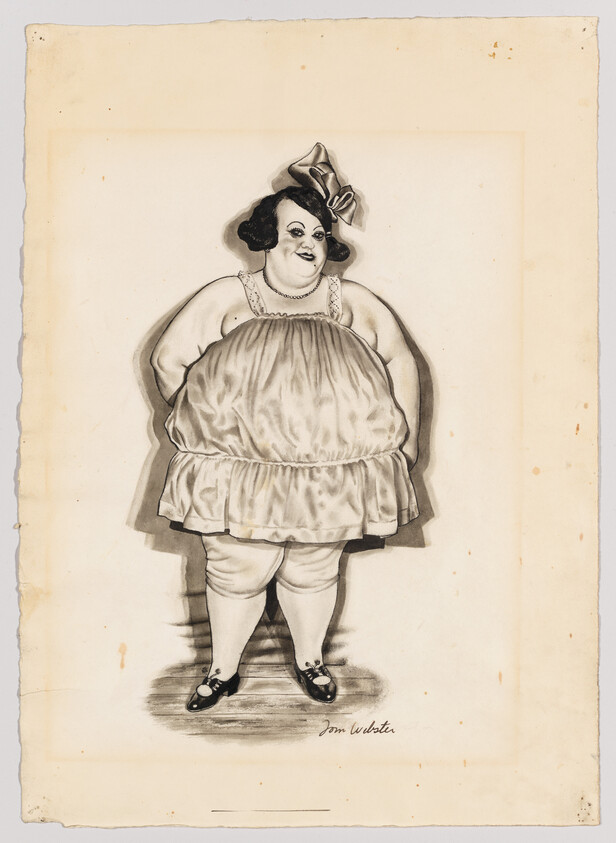 A plus-size woman wearing a frilly dress, bow hat, and Mary Jane shoes stands with hands on hips.