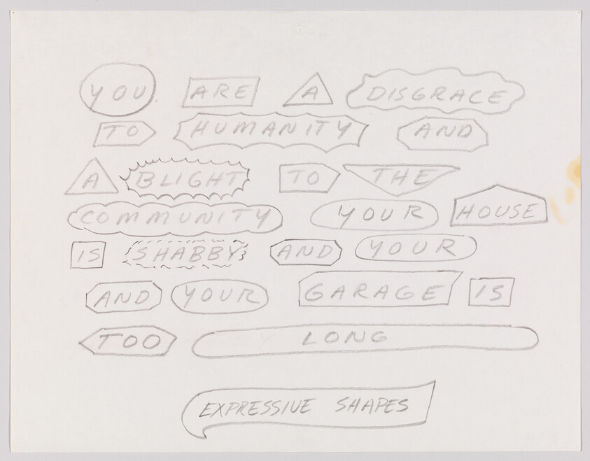 Handwritten notes of insults accuse someone of being a disgrace to humanity and having a shabby house and long garage.