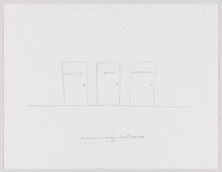 Three simple hand-drawn restroom doors labeled "Ladies", "And", and "Gentlemen" on a blank page.