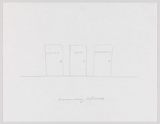 Three simple hand-drawn restroom doors labeled "Ladies", "And", and "Gentlemen" on a blank page.