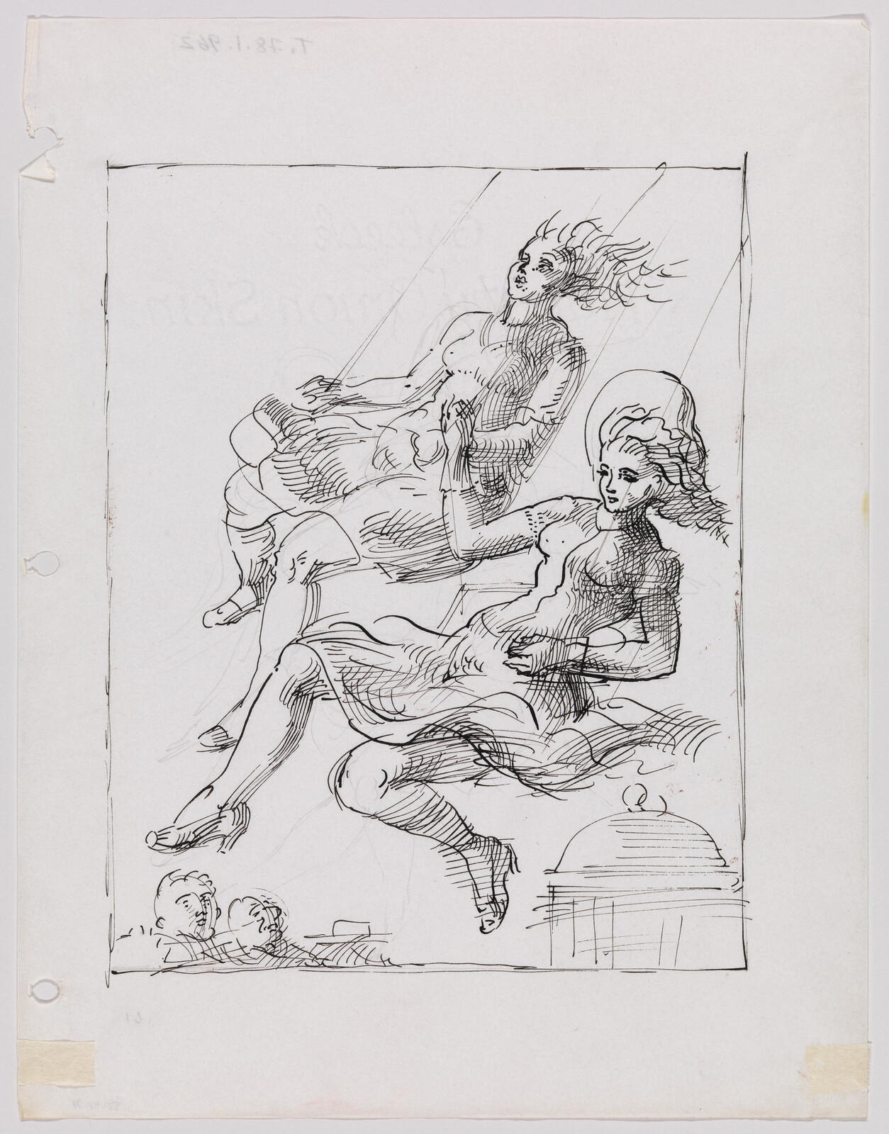 Two women float suspended by ropes above a small dome while two faces watch from below.