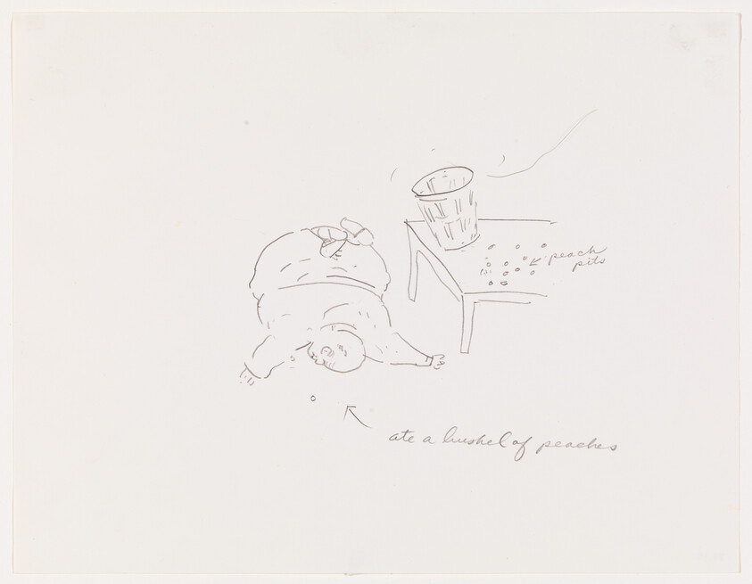 A person lies face down after eating a bushel of peaches, with a basket and pits nearby.