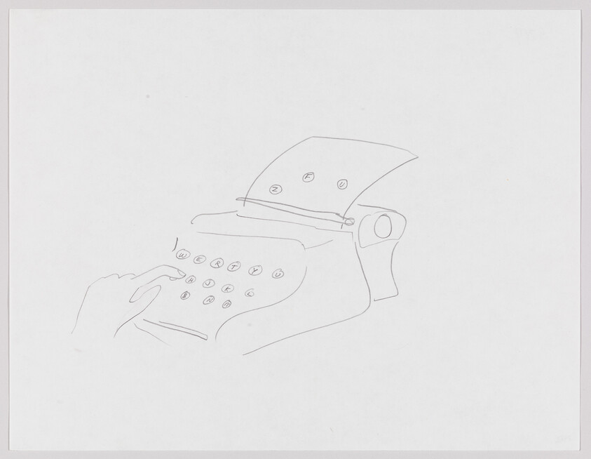 A hand presses keys on a vintage typewriter with a sheet of paper inserted.