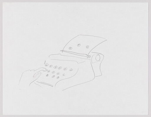 A hand presses keys on a vintage typewriter with a sheet of paper inserted.