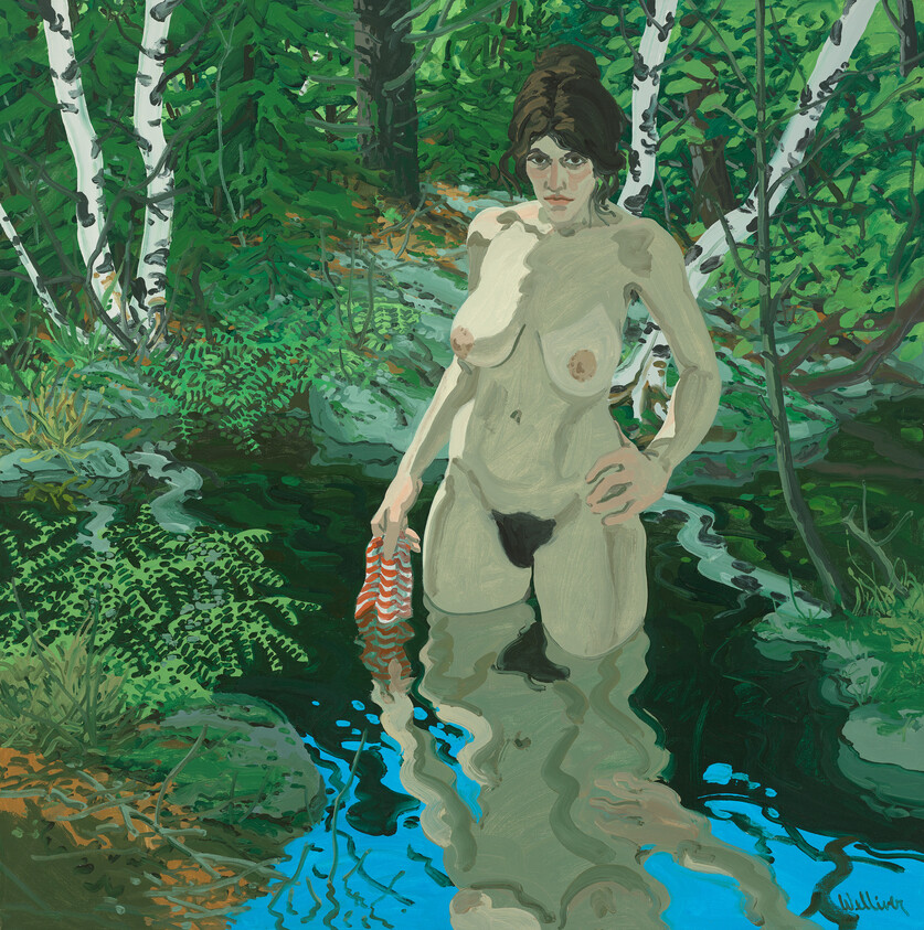 A nude woman standing waist-deep in a forest pond holding a striped cloth, looking toward the viewer.