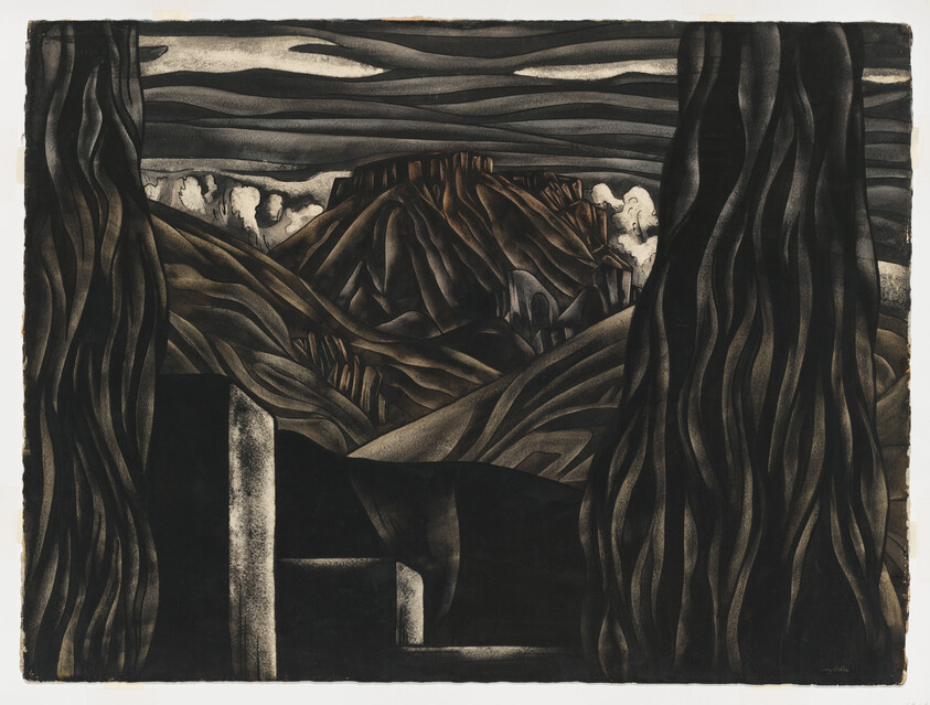 Two large tree trunks frame a dark, stylized landscape of rolling hills and a flat-topped mesa.