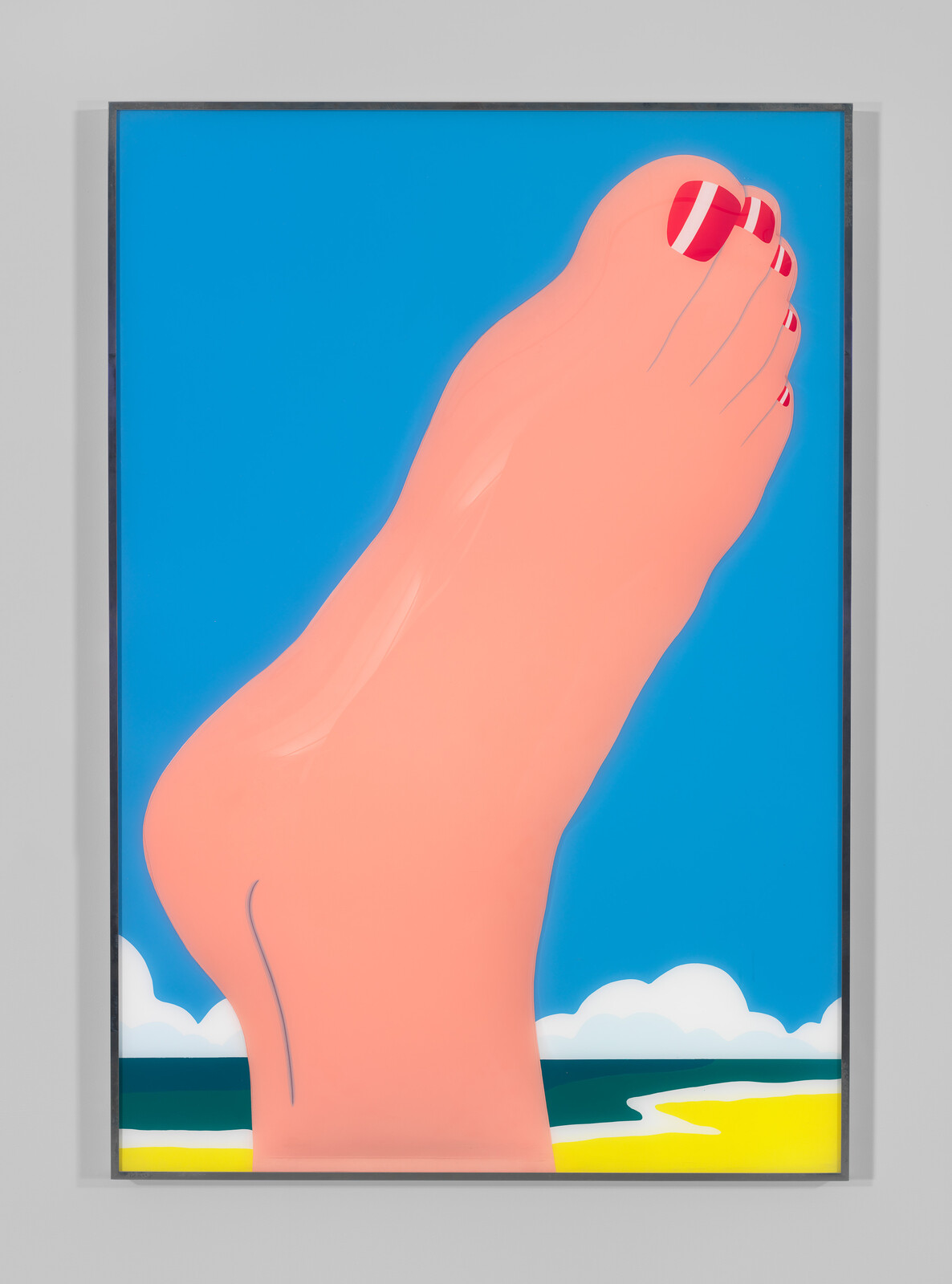 A large stylized foot with red-striped toenails towers over a bright beach and sky.