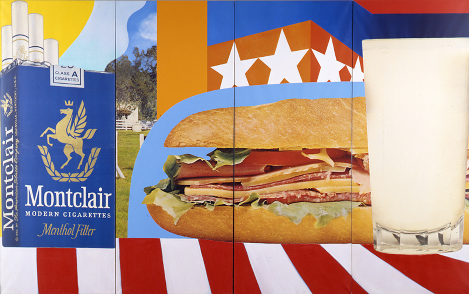 Blue Montclair cigarette pack, large sandwich with layers of meat and lettuce, and tall glass of milk.