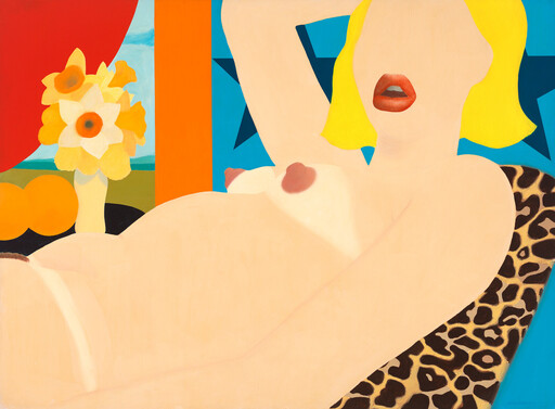 A reclining nude woman with bright blonde hair lounges on a leopard-print chair beside a vase of flowers.