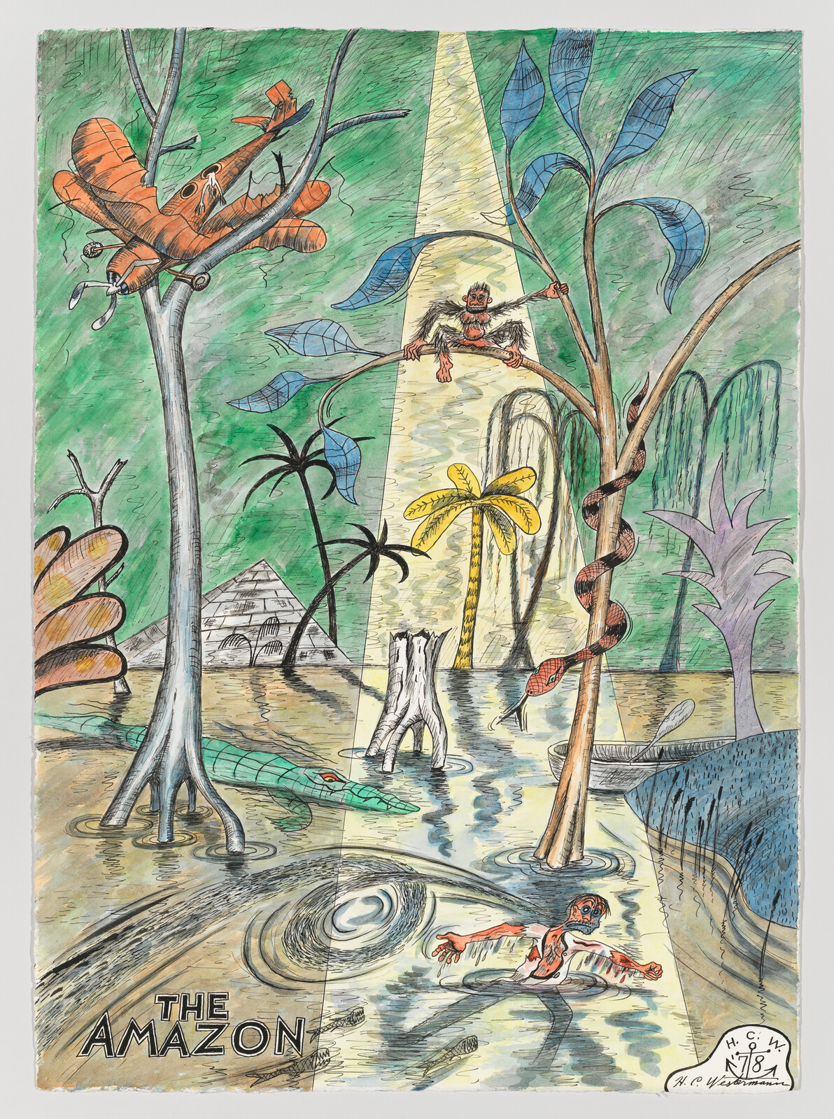 A flooded Amazon scene shows a crashed plane, monkey in a tree, snake, crocodile, and a drowning man.