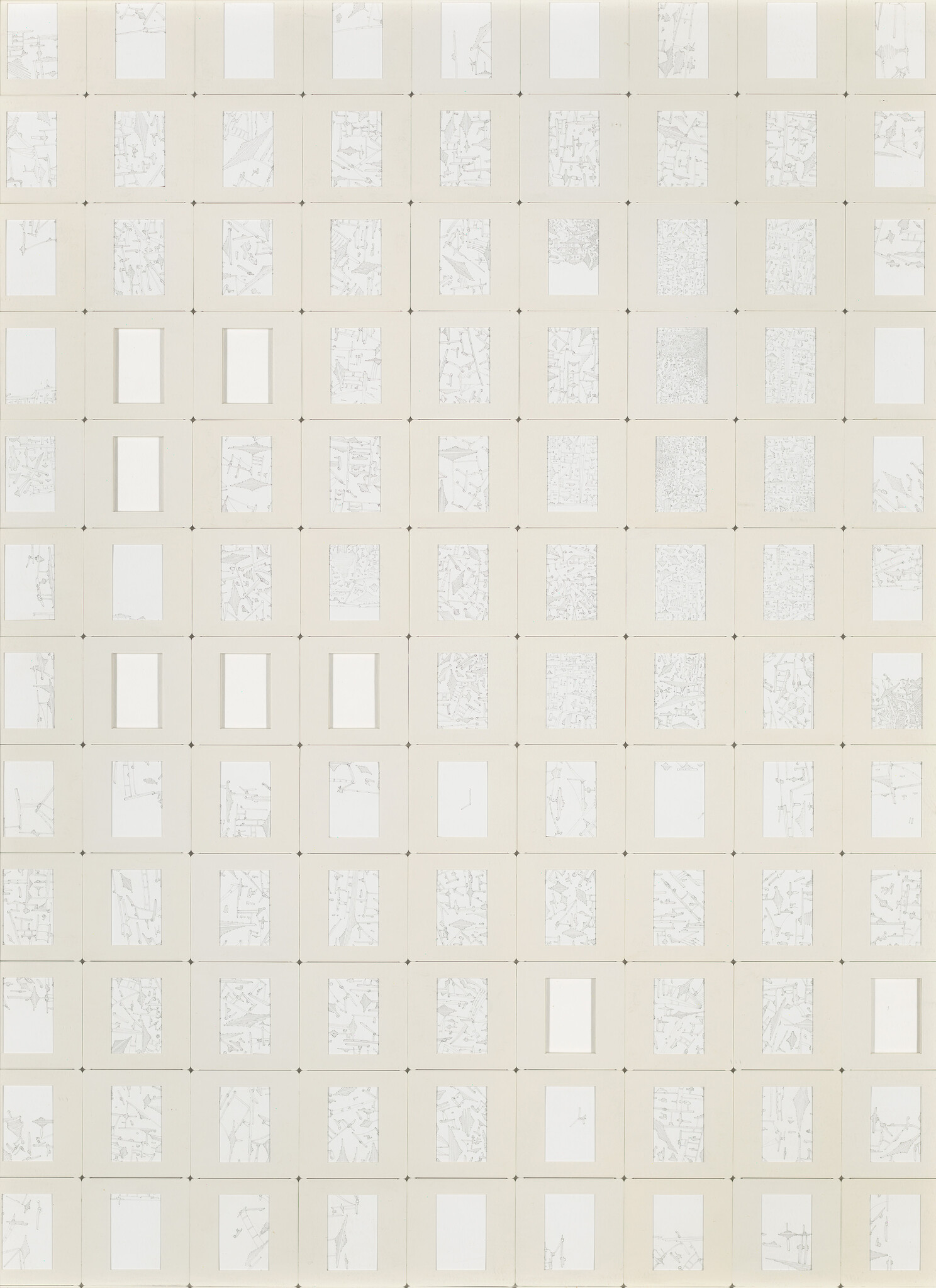 A large grid of small rectangular paper windows, each containing faint pencil sketches or blank spaces.