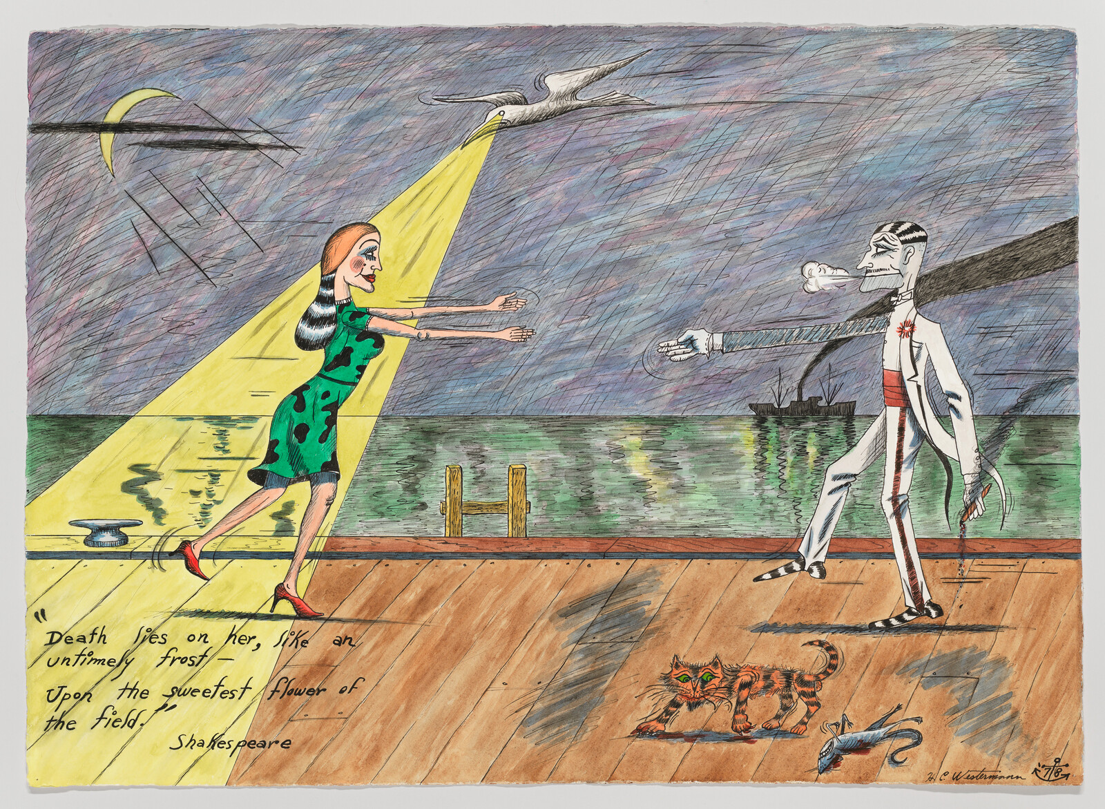 A colorful illustration depicts a surreal scene with two figures on a wooden dock. On the left, a woman with elongated arms and a green dress with black spots extends her arms towards a seagull illuminated by a yellow spotlight. On the right, a skeletal figure in a white suit with a red flower on the lapel blows smoke from a cigarette. Below the text quoting Shakespeare, "Death lies on her, like an untimely frost upon the sweetest flower of the field," a striped orange cat crouches next to a dead bird. The background features a dusky sky with a crescent moon and a body of water reflecting the scene.