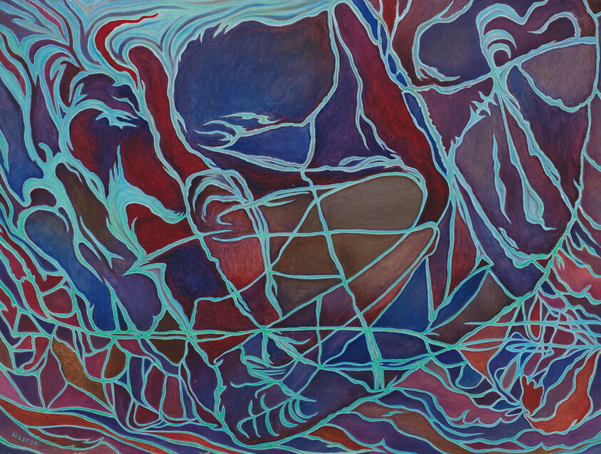 Tangled teal outlines trace intertwined human figures and limbs against a deep red and purple background.
