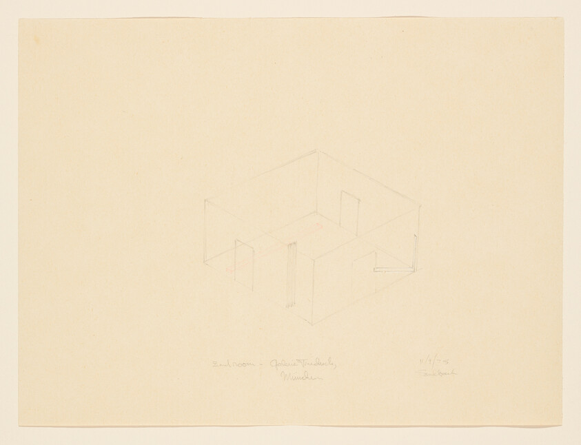 Faint pencil sketch of a small room layout showing partial walls and three doorways.