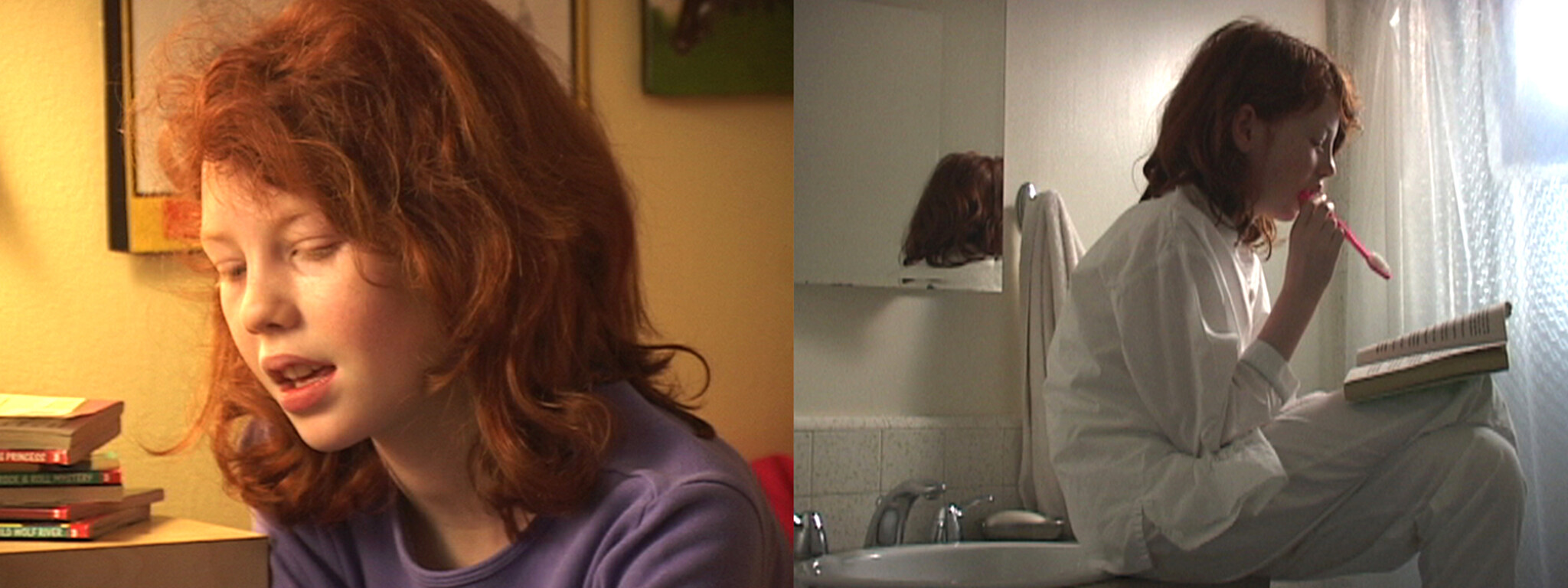 Red-haired girl sits reading and later brushes her teeth while reading from a book in the bathroom.