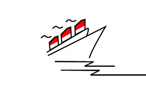A large ship with three red-and-white smokestacks sailing on stylized water.