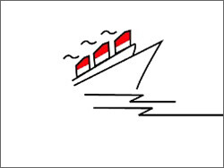 A simple drawing of a ship with three red smokestacks sailing on water.