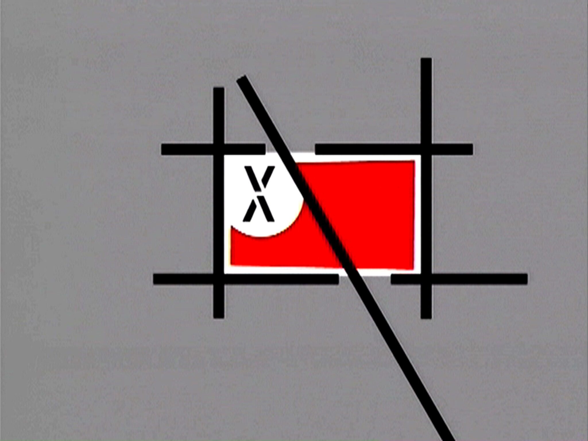 Red rectangle inside a black grid with a diagonal black bar and a white circle marked X.