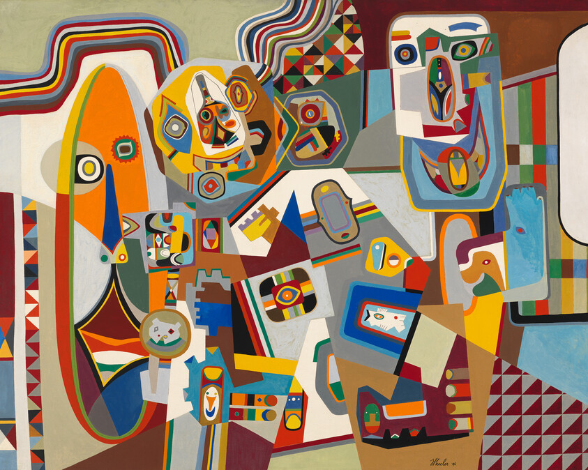 Bright abstract composition of overlapping geometric shapes forming multiple stylized faces and colorful patterns.