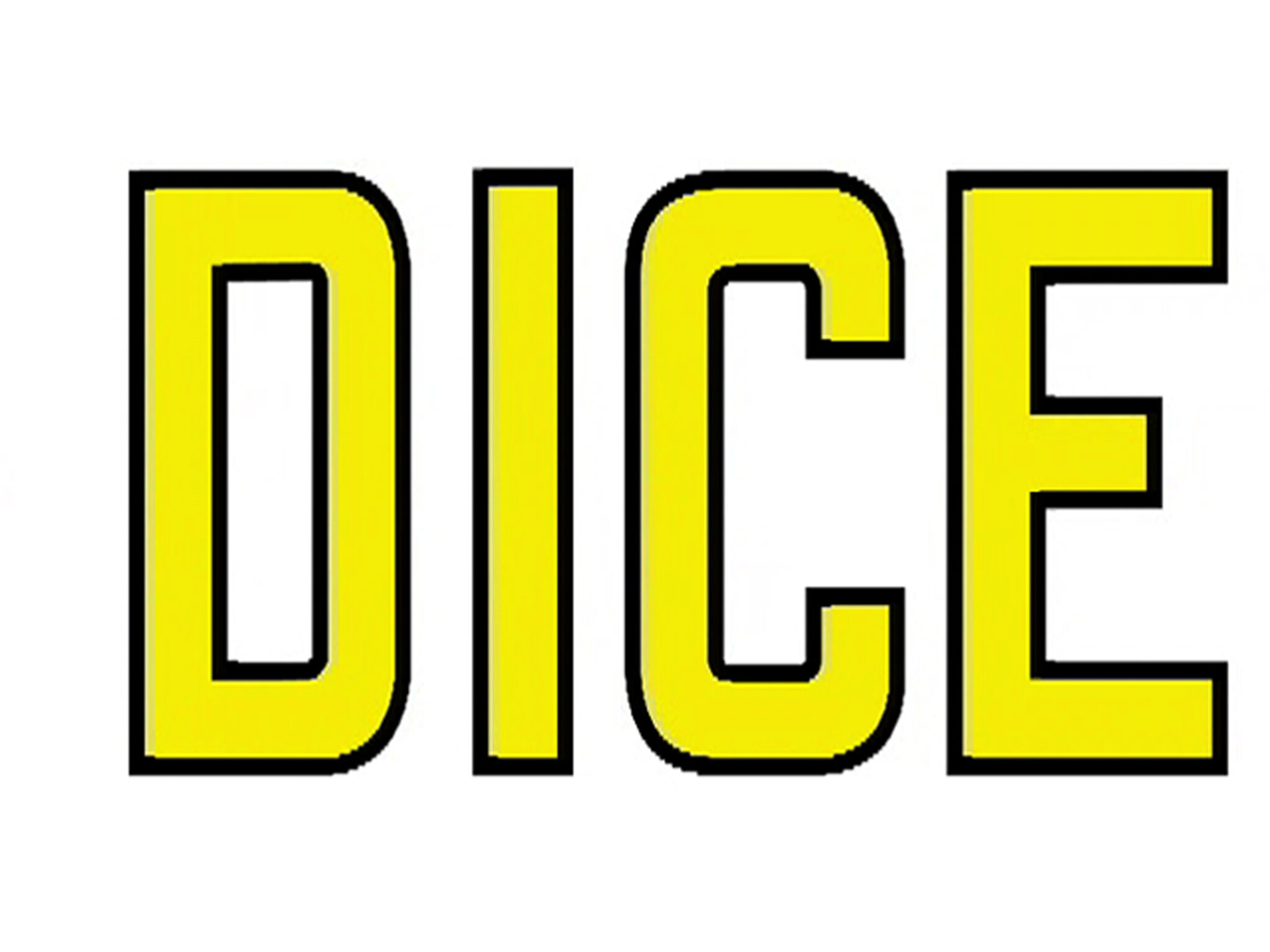 Large yellow block letters spell DICE in bold black-outlined font centered on a white background.