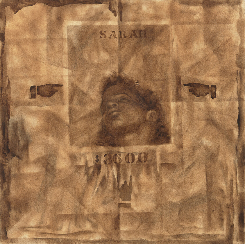 Sarah's face gazes upward, framed by pointing hands and the printed price $3600.