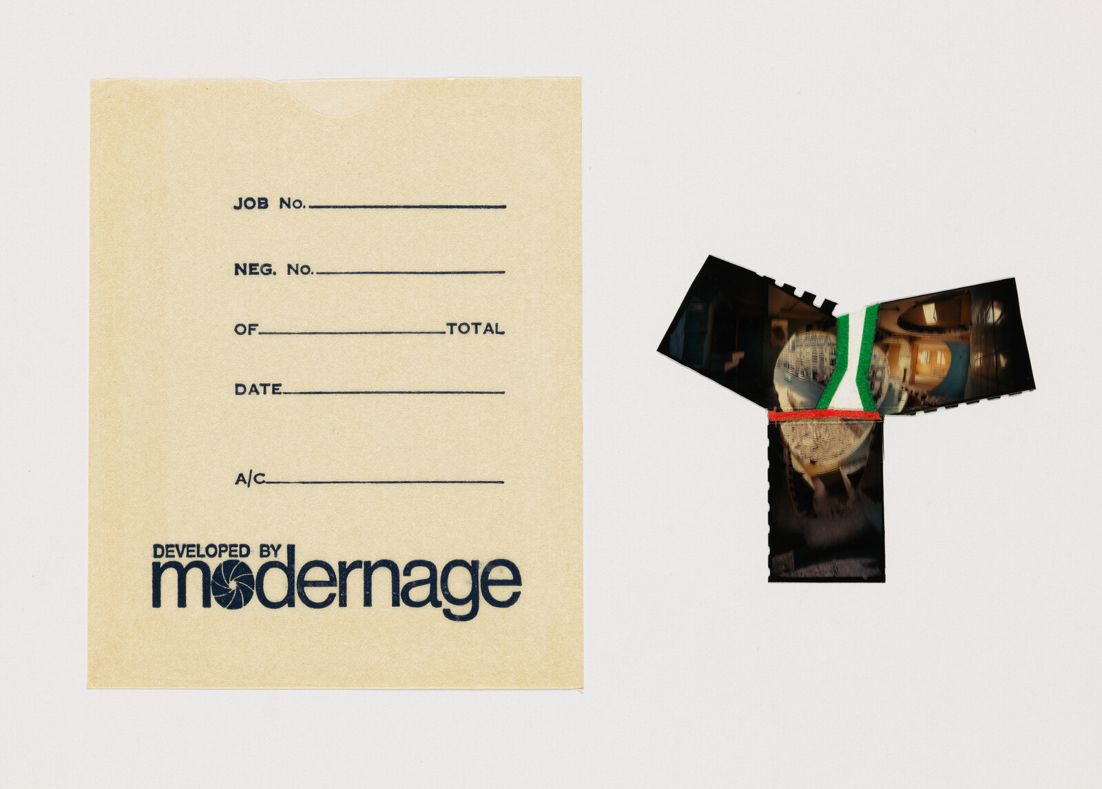 Beige photographic negative sleeve labeled "developed by modernage" beside cut film strips arranged in a T shape.