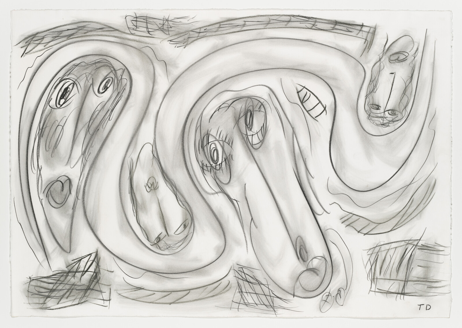 A black and white abstract drawing featuring distorted and overlapping faces with prominent eyes, noses, and mouths in a swirling composition, signed with the initials "TD" in the bottom right corner.