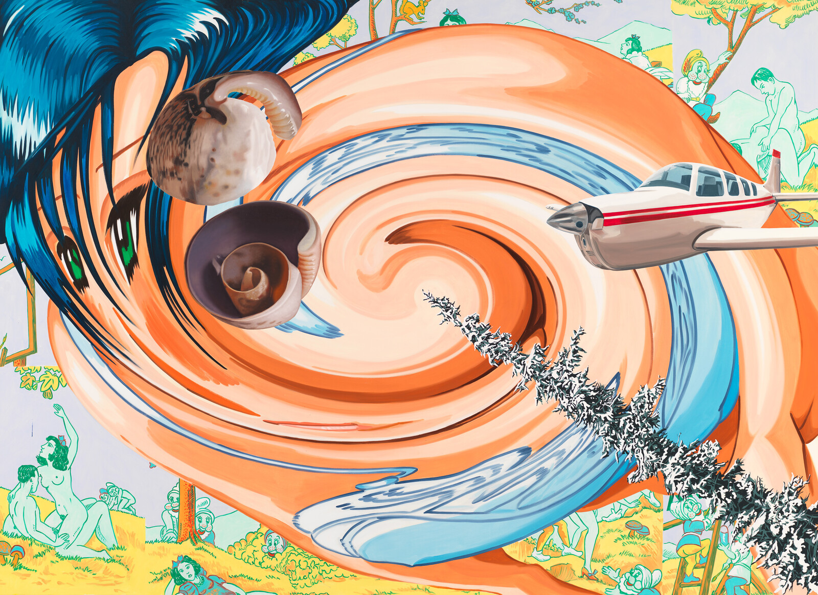 A vibrant, surreal artwork featuring a large, swirling orange and blue pattern resembling a wave or vortex in the center, with a small airplane flying towards the swirl. Two seashells are superimposed on the wave, and the background is filled with various scenes of people in a park-like setting with trees and grass, depicted in a line-drawing style with green and yellow hues. The overall effect is dreamlike and whimsical.