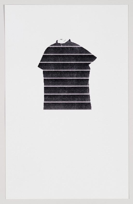 Black and white striped polo shirt centered on a white background.