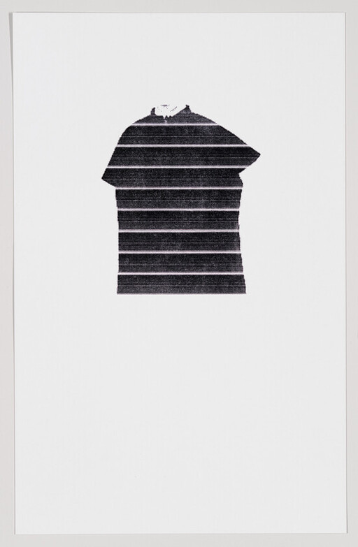 Black and white striped polo shirt centered on a white background.