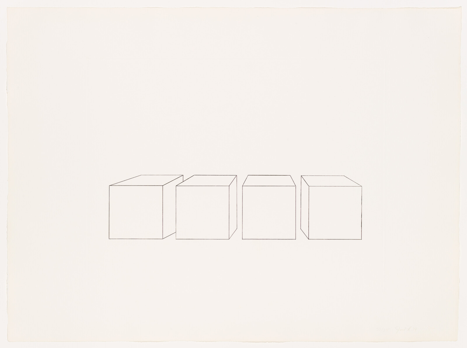 Four simple outlined cubes sit in a row across the center of a blank page.