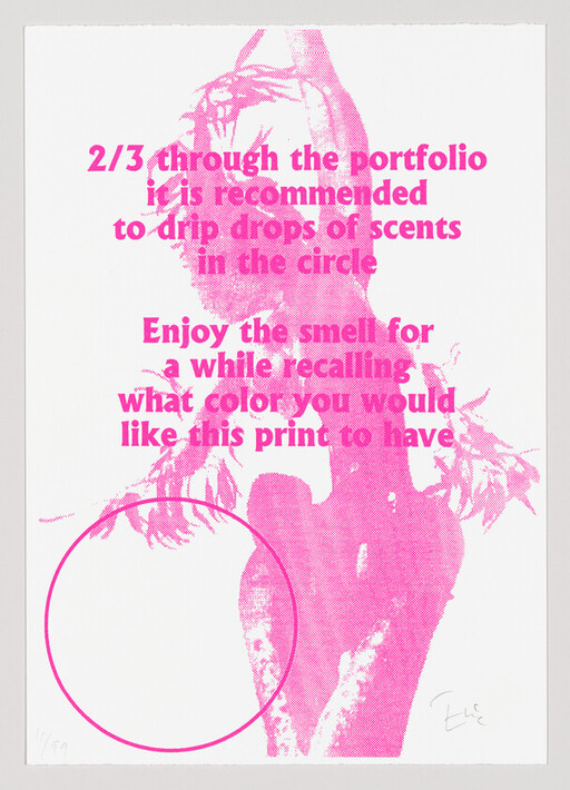 Magenta silhouette of a dancing woman with text instructing to drip scent drops into the empty circle.